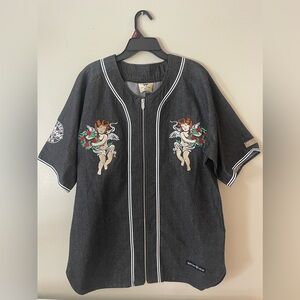 Embroidered Angel Casual Button Down Shirt - Black